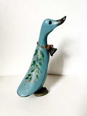 Duck Figurine with Bell, Hand-Painted, Hand-Carved Teal,Decorative Country Style